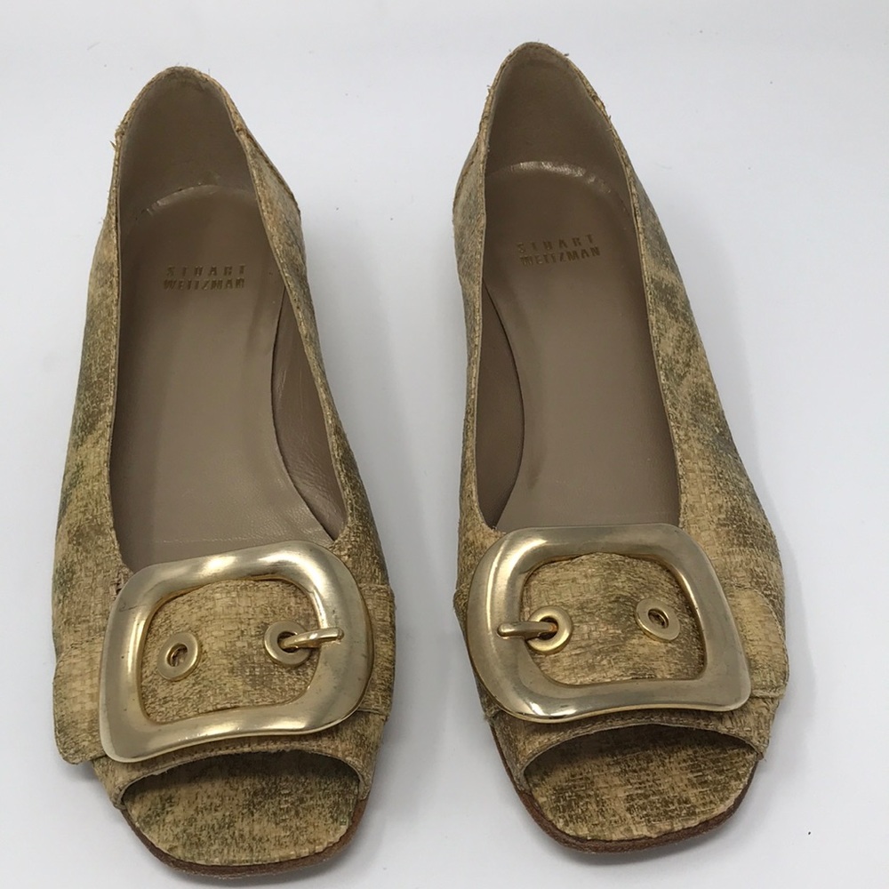Stuart Weitzman Gold Buckle Open Toe Flats Size 7